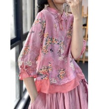 Women Pink Print Patchwork Blouses Half Sleeve