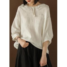 Unique Blouse Indian Linen Summer Literary White Hooded Three Quarter Sleeve T-shirt