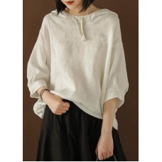 Unique Blouse Indian Linen Summer Literary White Hooded Three Quarter Sleeve T-shirt