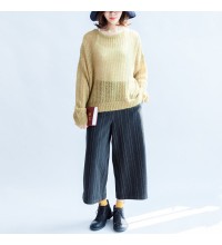 yellow green fashion cotton sweater oversize side open cable knit hollow out sweaters