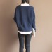 new dark blue solid color cotton knit t shirt vintage loose batwing sleeve sweater tops