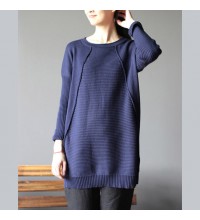 dark blue new cotton sweater tops vintage  fit mid long knit pullover