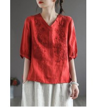 Vintage Red V Neck Embroideried Top Half Sleeve