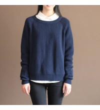 new dark blue solid color cotton knit t shirt vintage loose batwing sleeve sweater tops