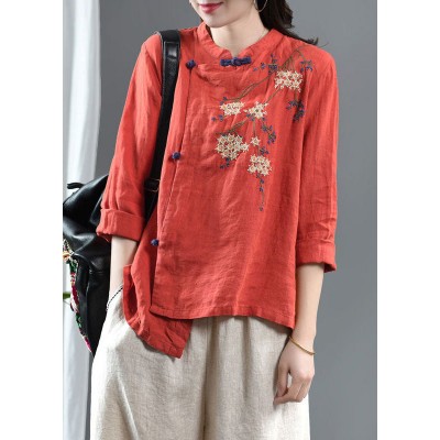 Loose Orange Embroideried Floral Linen Top Half Sleeve