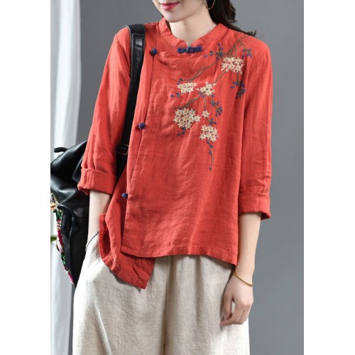 Loose Orange Embroideried Floral Linen Top Half Sleeve