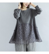 Sweet lace patchwork cotton knit sweaters gray pullover knit tops