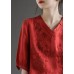 Vintage Red V Neck Embroideried Top Half Sleeve