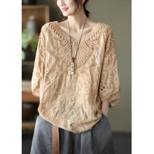 Boho Khaki Cotton V Neck Embroideried Hollow Out Summer Blouses