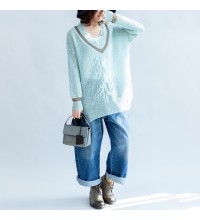 new light blue warm woolen sweater oversized casual v neck knit tops