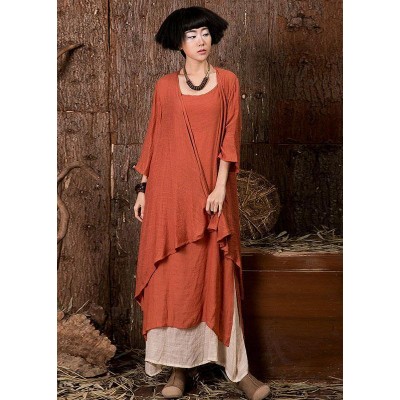 French orange linen tunic top bracelet sleeved loose summer cardigan