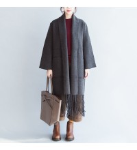 Fine gray cashmere coats tasseled hem woolen jackets long cardigans warm